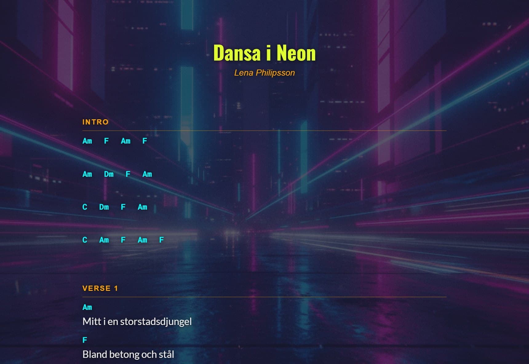 Dansa i Neon chord sheet made with ChordSheetMaker