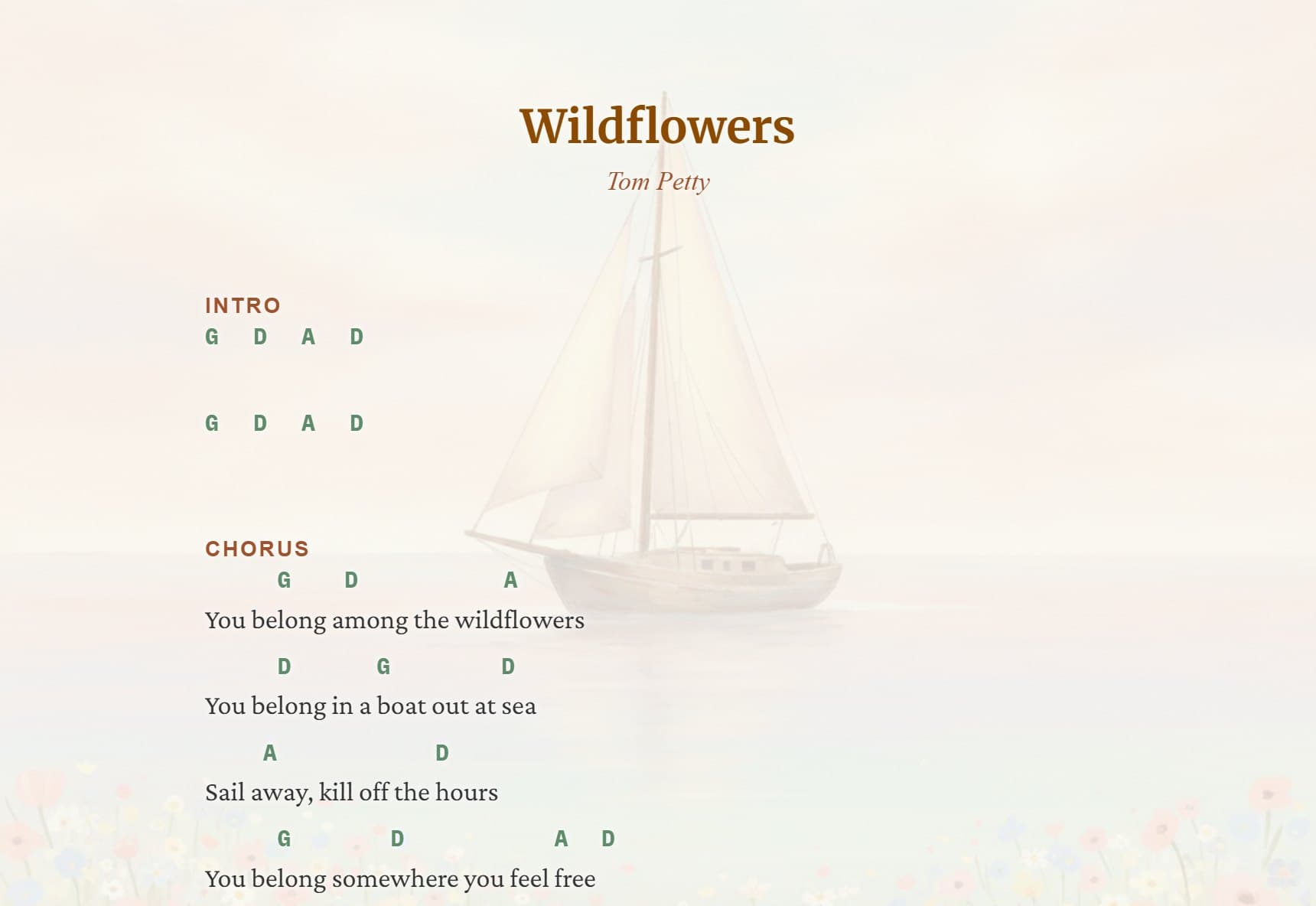 Wildflowers chord sheet made with ChordSheetMaker