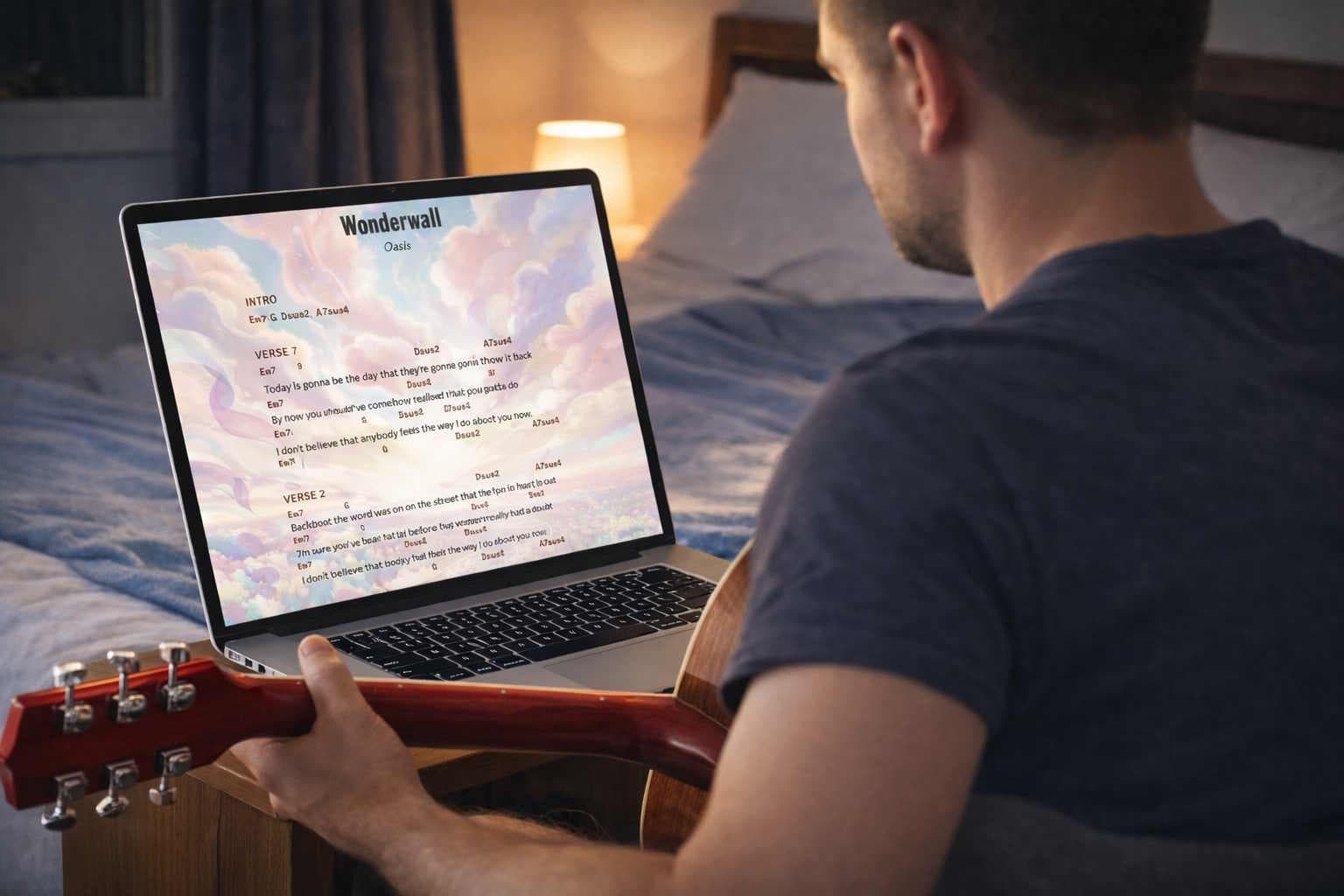Guitarist using ChordSheetMaker on a laptop